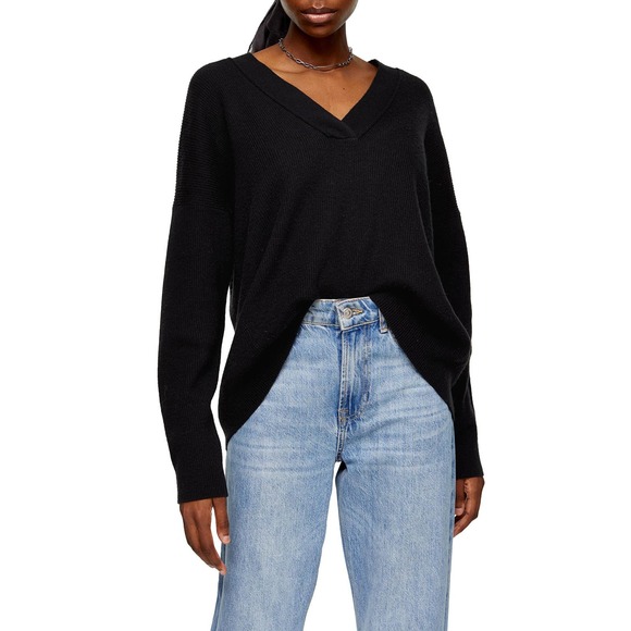 Topshop V-Neck Ribbed Sweater in Black
